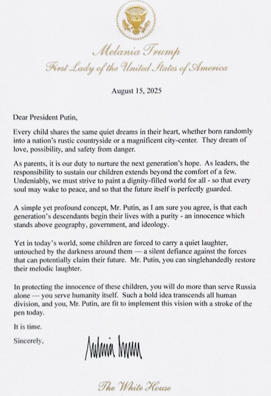 La letterina di Melania Trump